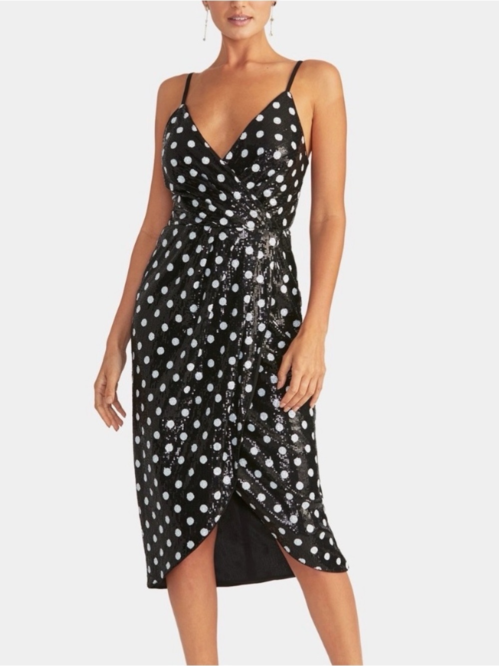 RACHEL Rachel Roy Black and White Polka Dot Sequin Faux Wrap Midi Dress